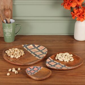 Wooden Serving Tray Set with Decorative Checkered Inlay