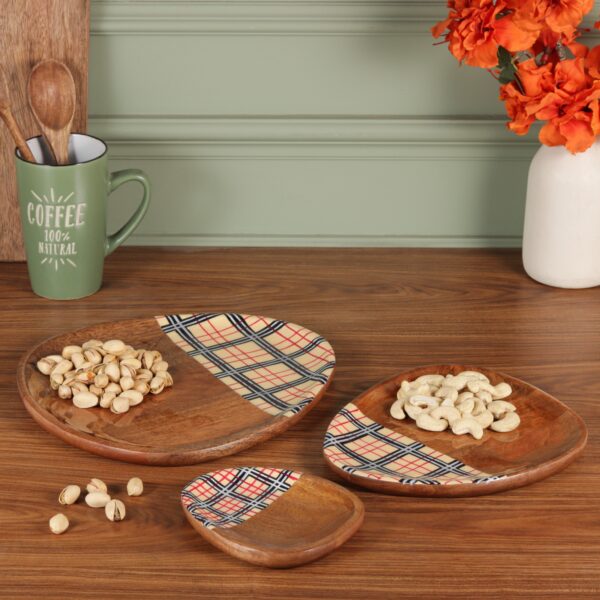 Wooden Serving Tray Set with Decorative Checkered Inlay