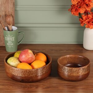 Handcrafted Wooden Serving Bowl Set with Decorative Carved Design