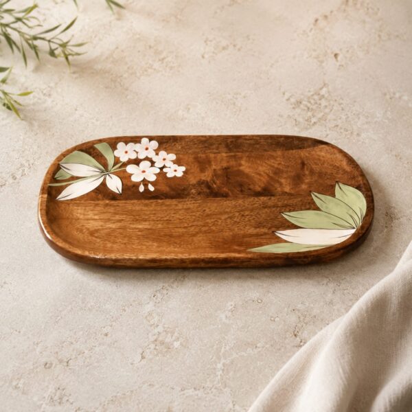 Handcrafted Wooden Serving Tray with Floral Leaf Inlay