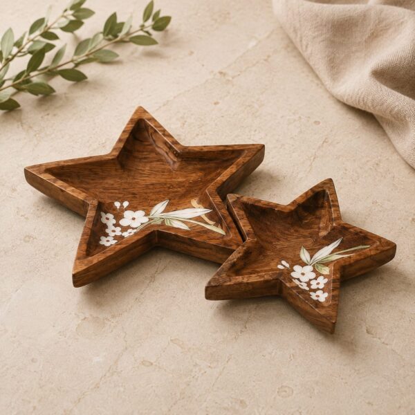 Handcrafted Wooden Star-Shaped Serving Trays with Floral Design – Set of 2
