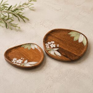 Handcrafted Wooden Serving Plates with Floral Inlay – Set of 2
