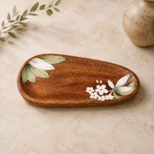 Handcrafted Wooden Serving Tray with Floral Leaf Design