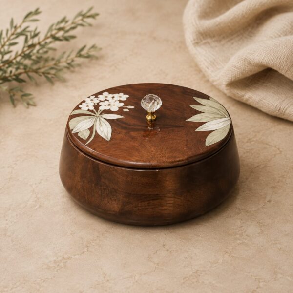 Handcrafted Wooden Storage Bowl with Floral Lid